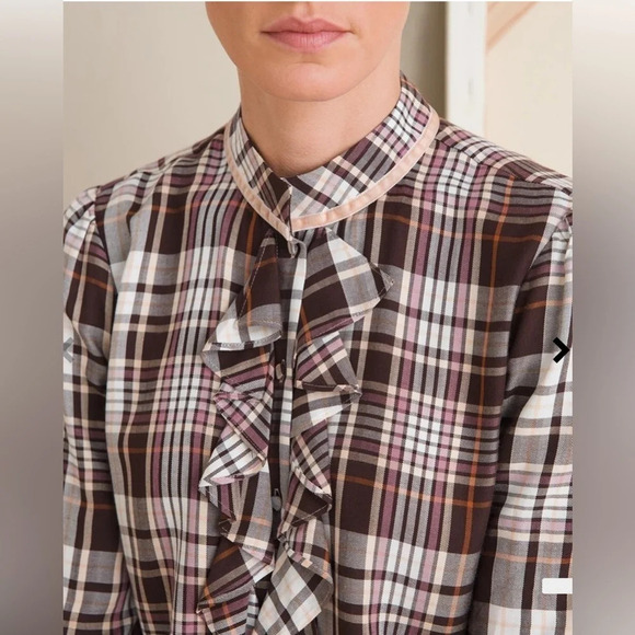 Chicos Chico’s Ruffle Button Front Blouse Sz L Brown Plaid Preppy Academia - Picture 13 of 13